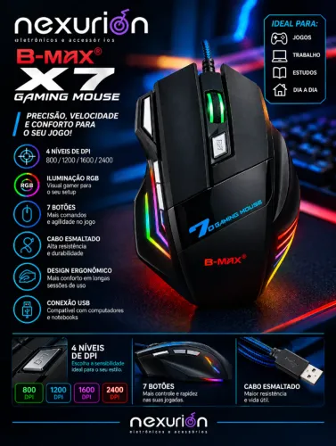 Mouse Gamer RGB X7 B-MAX USB 4 DPI 800/1200/1600/2400 7 Botões para PC