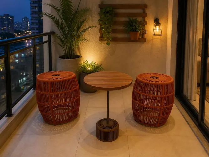 Kit puff , alumínio ,corda náutica, mesa de centro madeira, área externa jardim varanda
