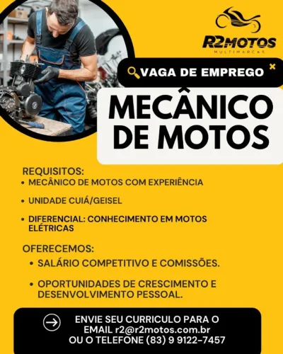 Contrata-se mecânico de motos com experiência. Unidade Shineray Cuiá Geisel João Pessoa PB