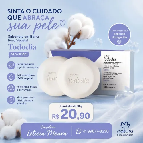 Sabonete em Barra Puro Vegetal Tododia Algodão.