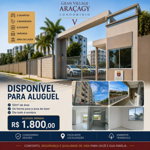 APARTAMENTO ALUGO GRAN VILLAGE ARAÇAGY V,Bloco 4/5° Andar, Super ventilado e muita sombra