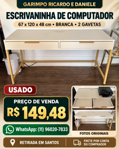 Escrivaninha Branca com 2 Gavetas 120 x 48 x 67 cm
