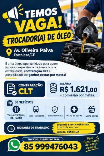 Vaga de trocador de óleo com experiência
