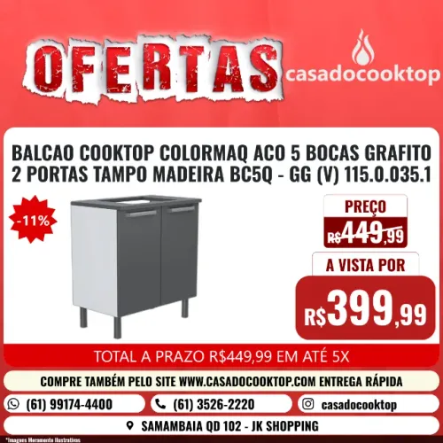 BALCAO COOKTOP COLORMAQ ACO 5 BOCAS GRAFITO 2 PORTAS TAMPO MADEIRA BC5Q GG (V) 115.0.035.1
