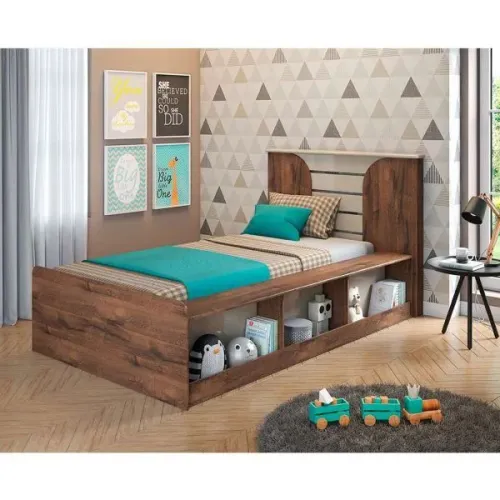 Cama Bibox Solteiro 100% Mdf 3 Nichos Laterais Yumi Cimol Café / Off White 
