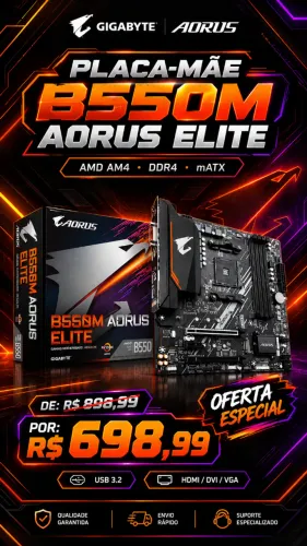 Placa Mãe Gigabyte B550M Aorus Elite, AMD AM4, DDR4, mATX, USB 3.2, DVI, HDMI/VGA