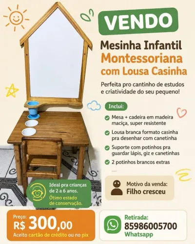 Mesinha Infantil Montessoriana com Lousa casinha