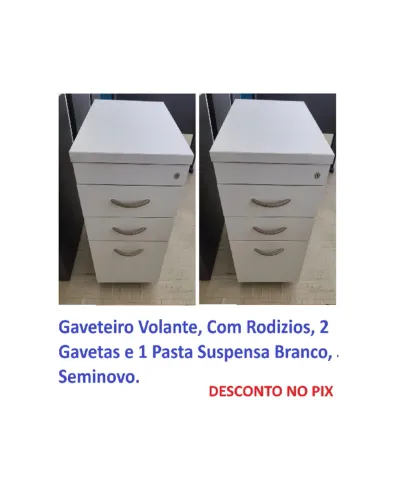 Gaveteiro Volante, Com/Sem Rodizios, 2 Gavetas e 1 Pasta Suspensa Branco, Seminovo.