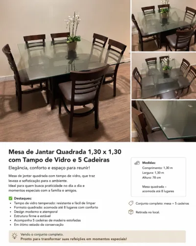 Mesa de Jantar 1,30 x 1,30 | Tampo de Vidro + 5 Cadeiras | Excelente Estado