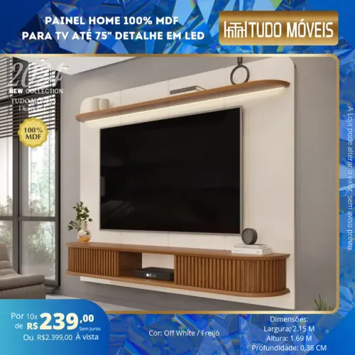 PAINEL HOME 100% MDF P/ TV ATÉ 75" / DETALHE EM LED - 2 PORTAS