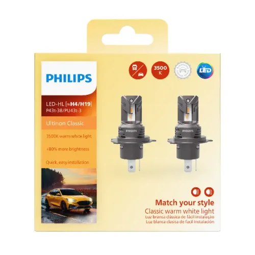 Par Lâmpada Led Philips Ultinon Classic H4 H19 Amarelo 3500k