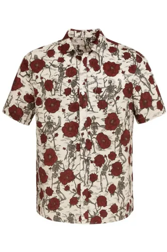 camisa de botão florida com caveiras