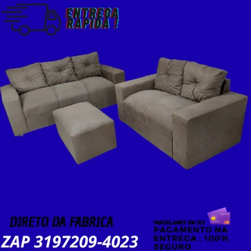 Sofá Canadá com Puff - 2 e 3 Lugares em Suede com Estrutura Reforçada