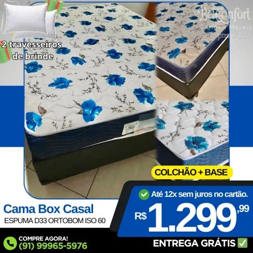 Cama Box Casal Espuma D33 Ortobom ISO 60 + 2 Travesseiros