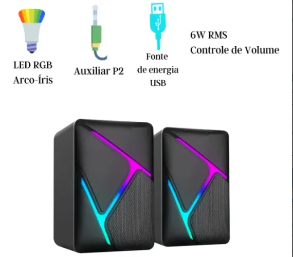 Caixinha De Som Rgb Gamer Portatil Para Pc Notebook P2 Usb Cor Preto