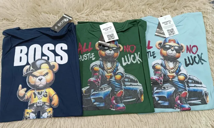 Camisetas Infantil Estilosas Urso Boss, All Hustle e No Luck