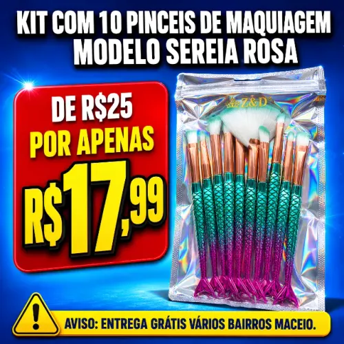 Kit com 10 Pincéis de Maquiagem Sereia Rosa ? ENTREGA GRÁTIS