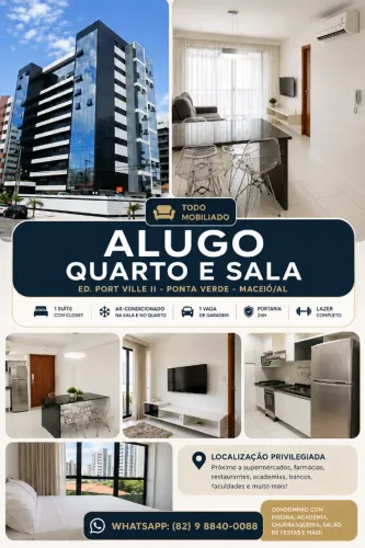 Alugo Apartamento Quarto e Sala Mobiliado - Ponta Verde - Ed. Port Ville II - Maceió/AL