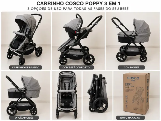 Carrinho de Bebê Cosco Poppy 3 em 1 com Bebê Conforto e Moisés | Novo na Caixa