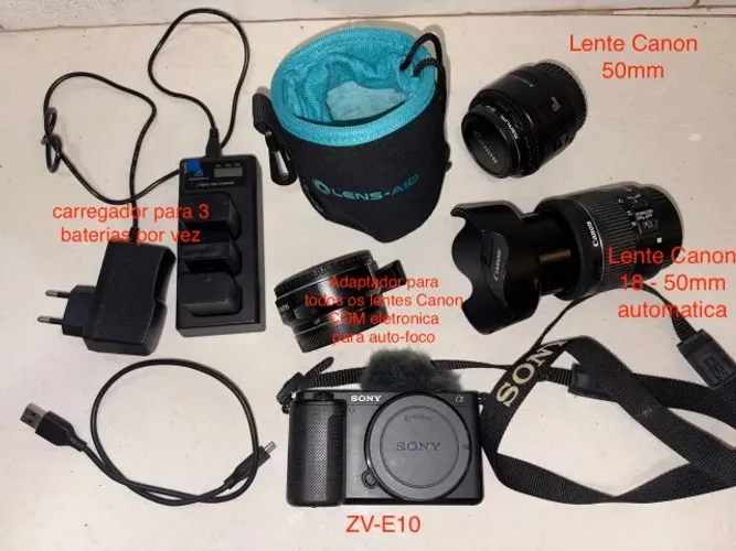 Sony ZV-E10 Creator Kit - 2 lentes, adaptador com autofoco, 4 baterias e cabos