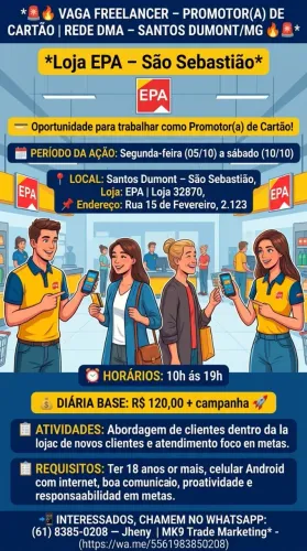? VAGA FREELANCER - PROMOTOR(A) DE CARTÃO | REDE DMA - SANTOS DUMONT/MG ?