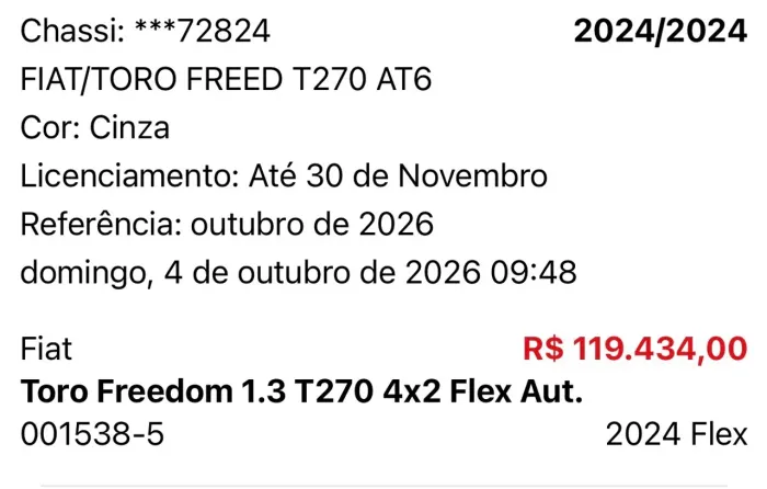 Fiat Toro Freedom 1.3 T270 4X2 Flex AUT 2024