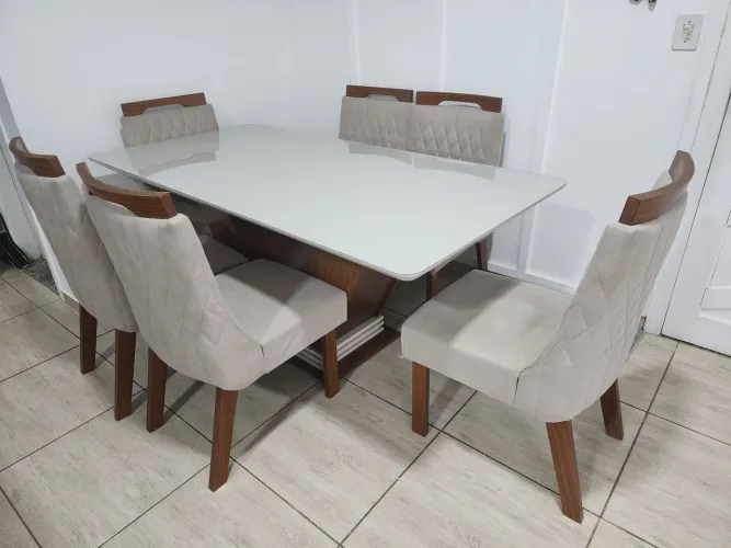 MESA CONJUNTO SALA DE JANTAR MESA COM TAMPO DE VIDRO SAFIRA 6 CADEIRAS ATENA CASTANHO