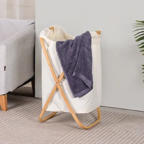 Cesto de Roupas Bambu em X Dobrável com Saco de Tecido Removível 8kg Capacidade Branco