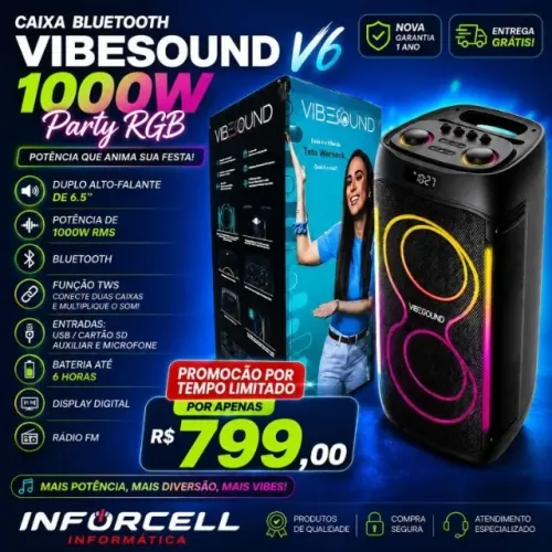 Caixa Bluetooth 1000w Vibesound Bateria Recarregável