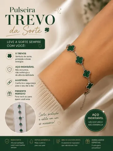 Pulseira Trevo da Sorte Aço Inoxidável 5 Trevos - Não Escurece Ajustável