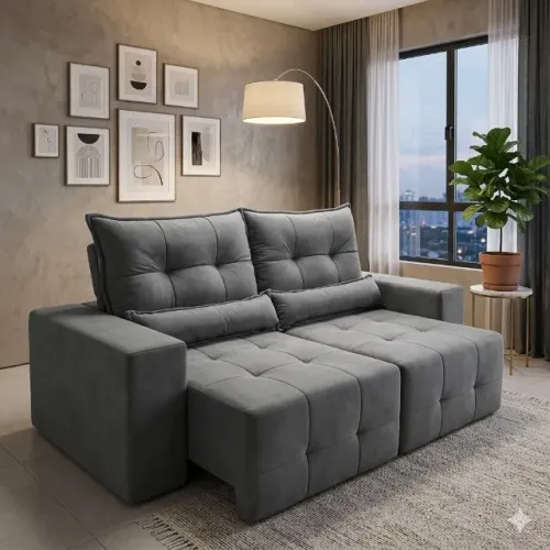 Sofa estofado retratil e reclinavel (veludo cinza consulte cores)