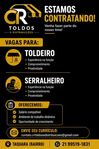 Vagas para instalador de Toldos e coberturas. Serralheiro 