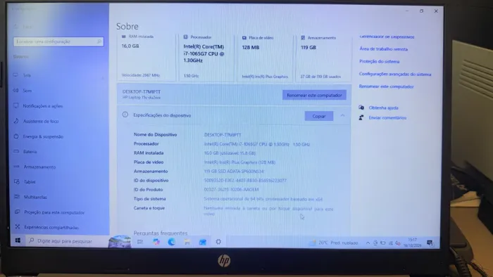 Notbook HP i7 10 geração 16gb ram ssd 128 tela 15