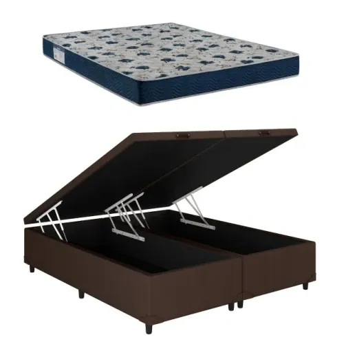 CAMA BAÚ BIPARTIDA CORINO MARROM ALTO NÍVEL + COLCHÃO ISO 60 D28 ORTOBOM