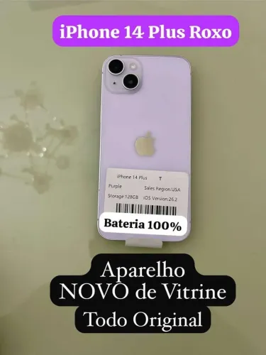 iPhone 14 PLUS 128gb ROXO ( NOVO de Vitrine ) Aparelho todo ORIGINAL BATERIA 100 %