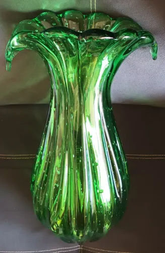 Vaso Murano Cristal Esmeralda com Bolhas - Peça Grande com 45cm