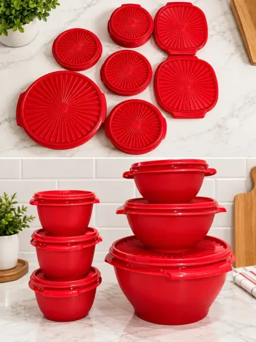 ? VENDO TUPPERWARE - JOGO COM 7 PEÇAS! ? ? Lindo conjunto de potes vermelhos