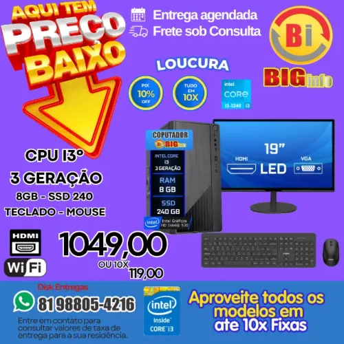 Computador Completo Intel I3 Ram 8gb Ssd 240gb Monitor 19 Led Teclado WIFI - Em ate 10x 