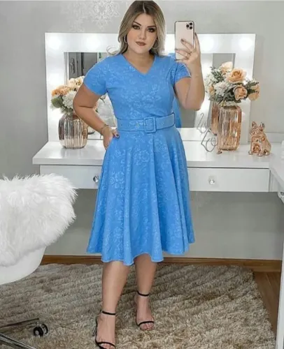Vestido Midi Jacquard Azul com Cinto - NOVO - Tam G