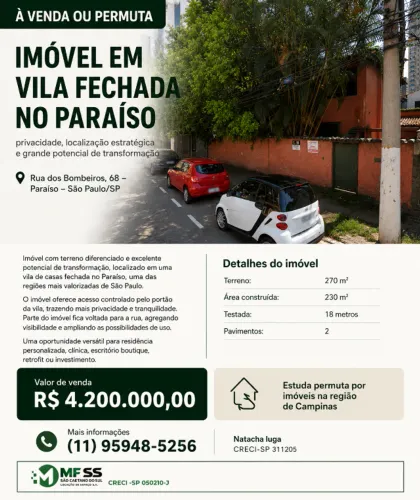 VENDA OU PERMUTA IMÓVEL EM VILA FECHADA NO PARAÍSO/SP