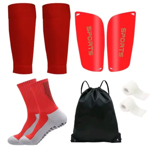 Kit meia antiderrapante pro soccer + meião cortado canelito + caneleira + bolsa mochila