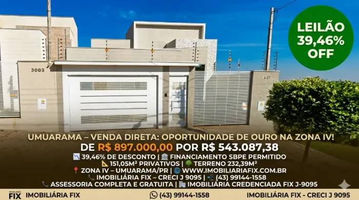 ? UMUARAMA - VENDA DIRETA: OPORTUNIDADE DE OURO NA ZONA IV!