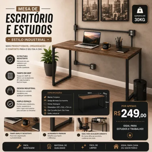 Mesa para Escritório e Estudos Compace Estilo Industrial