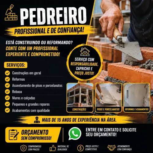 PEDREIRO DISPONÍVEL - SERVIÇOS DE CONSTRUÇÃO E REFORMA