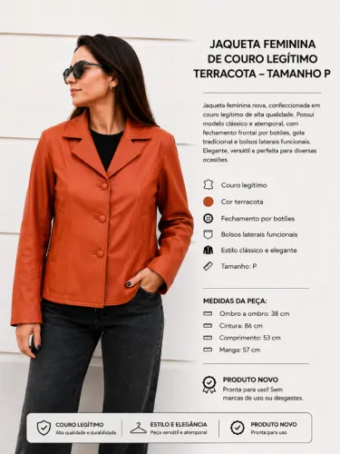 JAQUETA FEMININA DE COURO LEGÍTIMO LARANJA - ESTILO CLÁSSICO | INDÚSTRIA ARGENTINA
