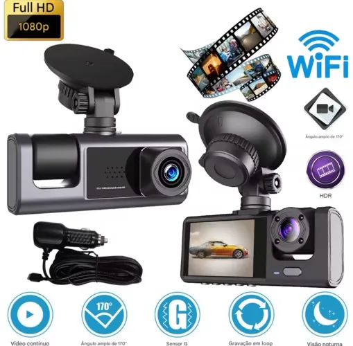 DashCam veicular com 3 câmeras WiFi Full Hd