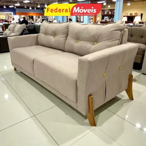 Sofá 1,70m Pés Madeira Tecido Linho Off White MEGA OFERTA