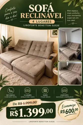 SOFÁ RECLINAVEL 4 LUGARES LINOFORT BENETTON SUEDE R$ 1399