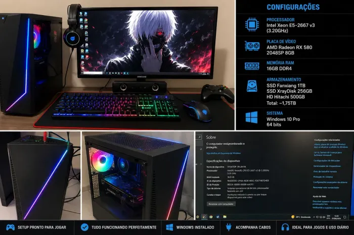 PC Gamer Xeon E5-2667 V3 | RX 580 8GB | 16GB RAM | SSD 1TB + 256GB | Pronto para Jogar