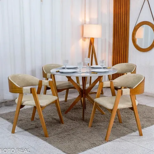 Mesa de Jantar Vegas 1.10m Redonda Vidro Off Base Madeira+ 4 Cadeiras Entrega Rápida